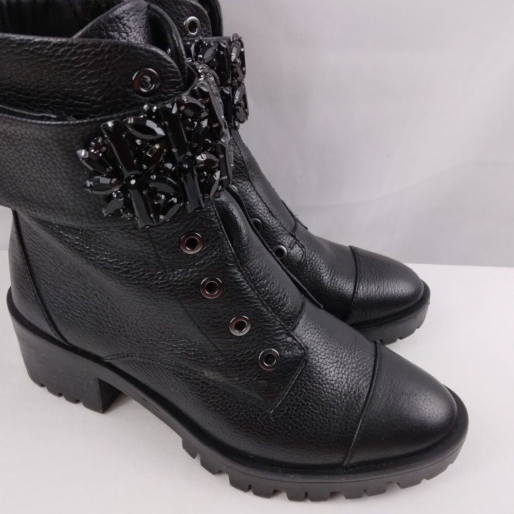 Karl Lagerfeld PIPPA Black Pebbled Leather Rhinestone Combat Boots Size 6M - Picture 3 of 16